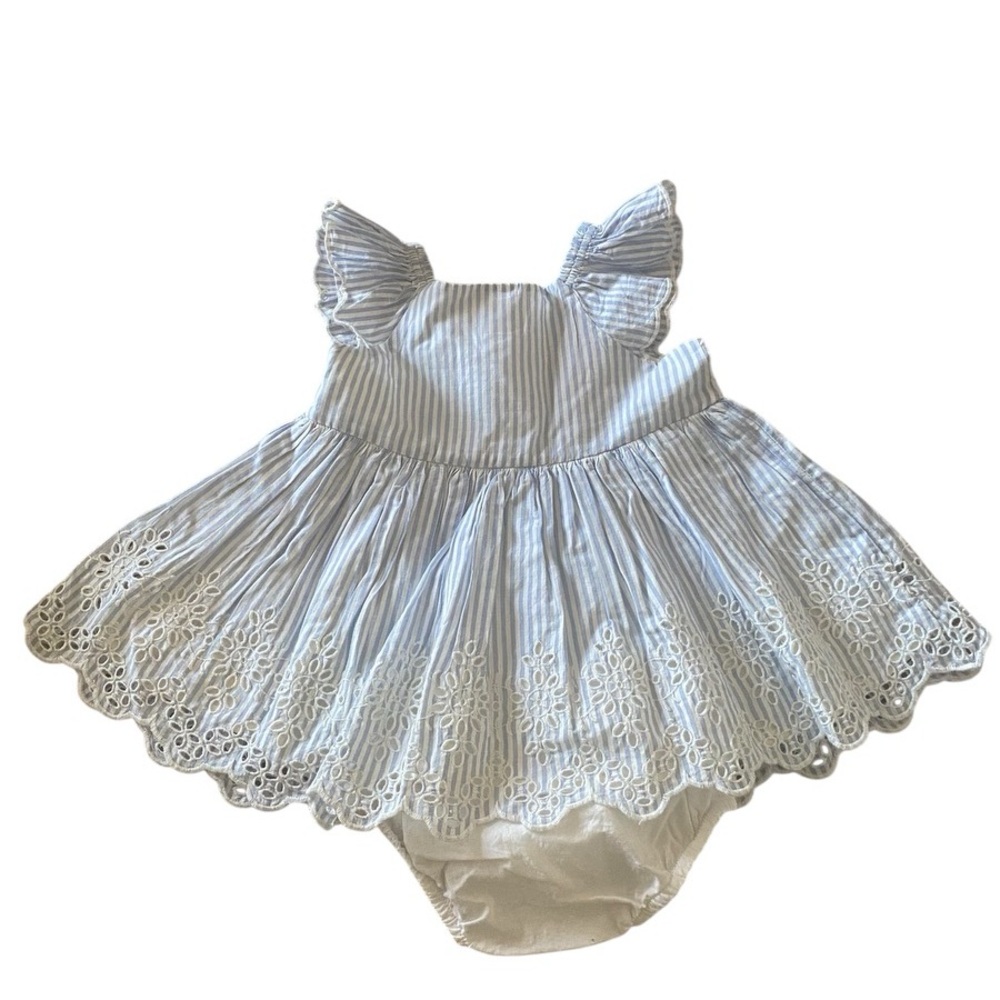 GAP Blue Striped Eyelet Baby Dress with Bloomers 3-6 months
